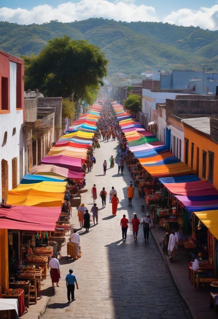 A vibrant street scene in Mixco bustling with local culture, showcasing traditional markets, colorful street art, and community events. Include lively interactions among diverse locals and traditional music performers, with the backdrop of stunning local architecture. Incorporate elements like food stalls with traditional dishes and artisan crafts. bright colors. super-realistic. dynamic composition.