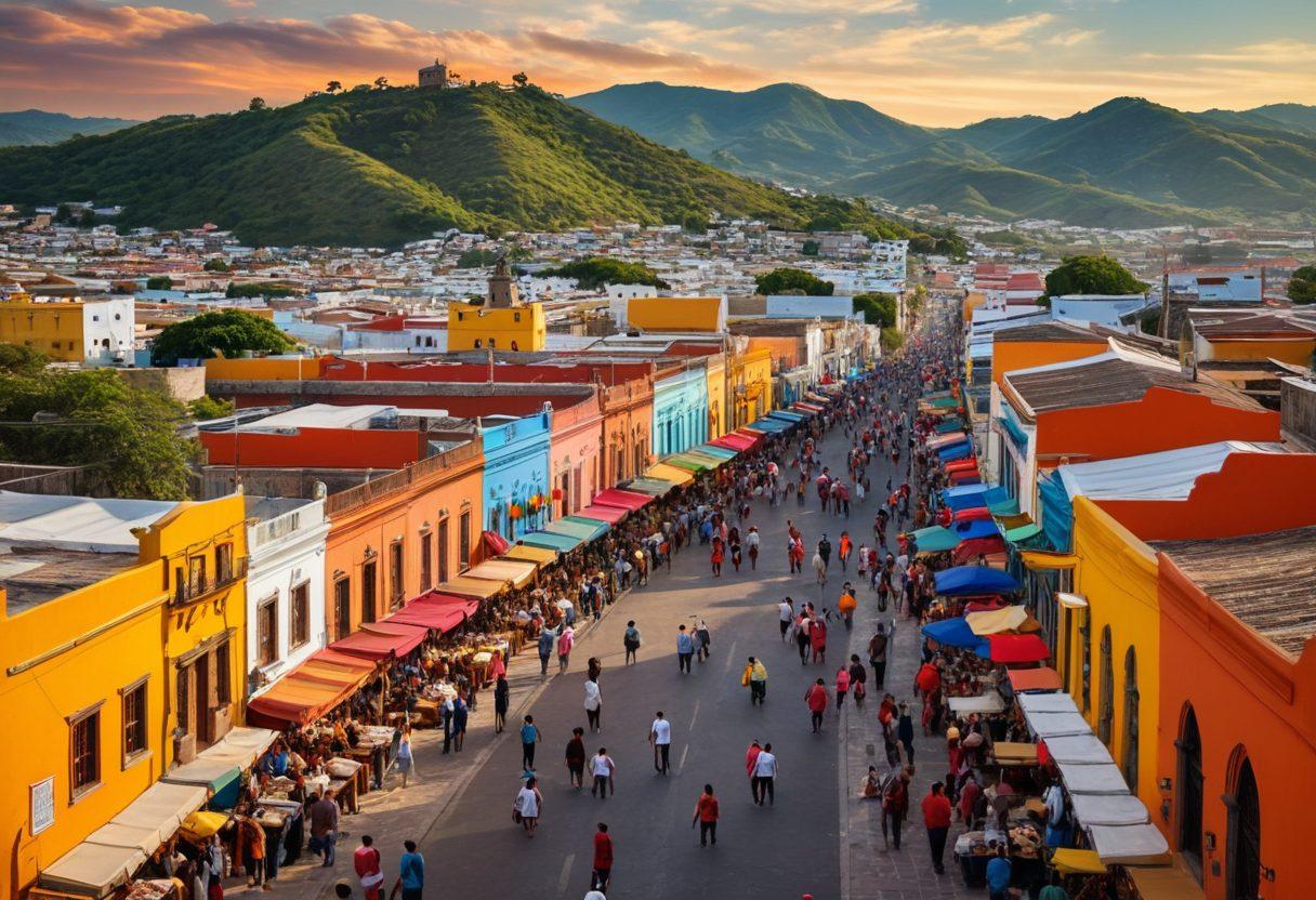 A vibrant cityscape of Mixco with lively streets, showcasing community events like markets and festivals. Include diverse groups of people engaging and celebrating, with banners and colorful decorations representing updates. The skyline should feature iconic buildings and natural surroundings, bathed in warm, inviting light to create a sense of connection and activity. super-realistic. vibrant colors. dynamic composition.