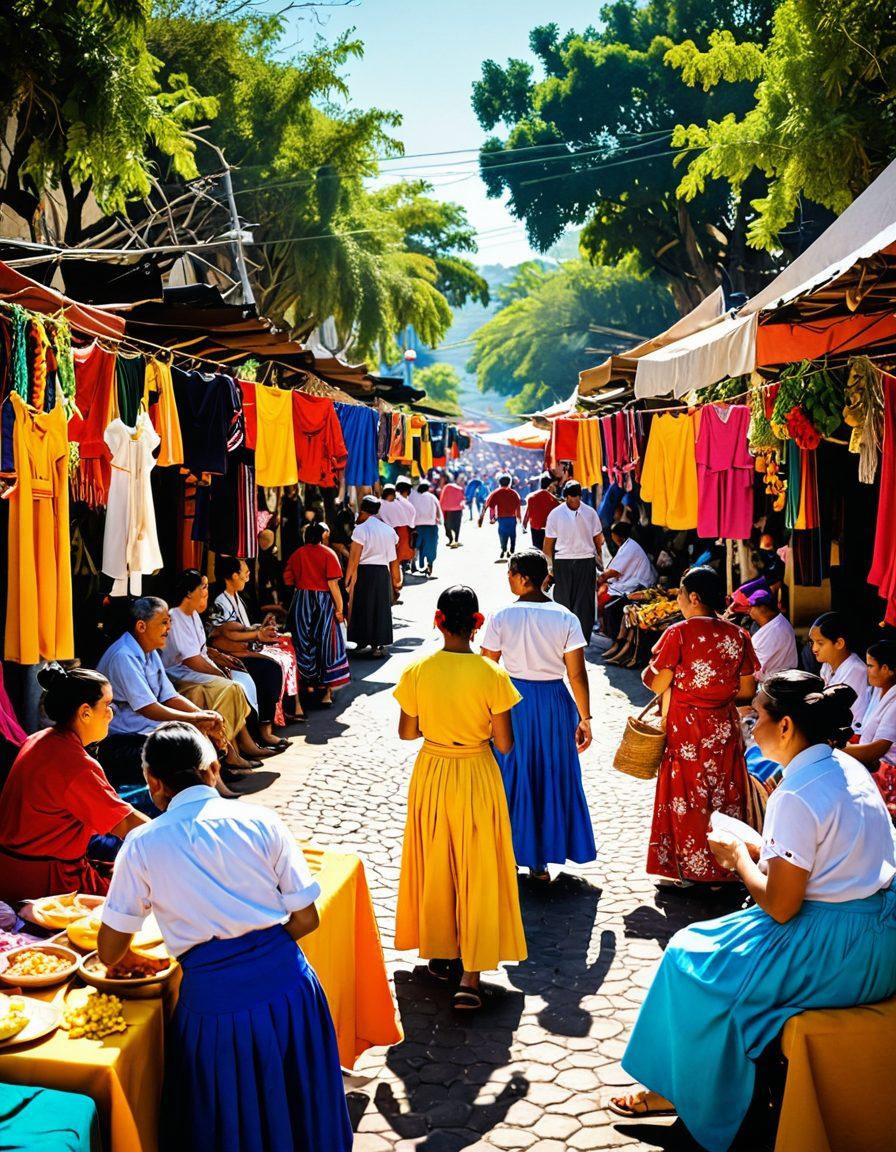A vibrant street scene in Mixco, showcasing diverse cultural expressions, with people from different backgrounds sharing stories around colorful market stalls. Traditional clothing, art, and cuisine elements are highlighted, while warm sunlight filters through the trees. The atmosphere is lively and engaging, reflecting a sense of community and connection. super-realistic. vibrant colors. dynamic composition.